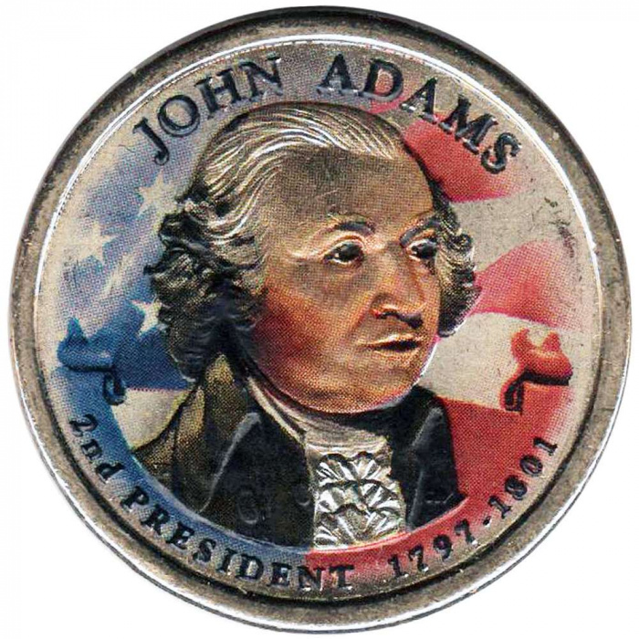 (02p) Монета США 2007 год 1 доллар &quot;Джон Адамс&quot;  Вариант №2 Латунь  COLOR. Цветная